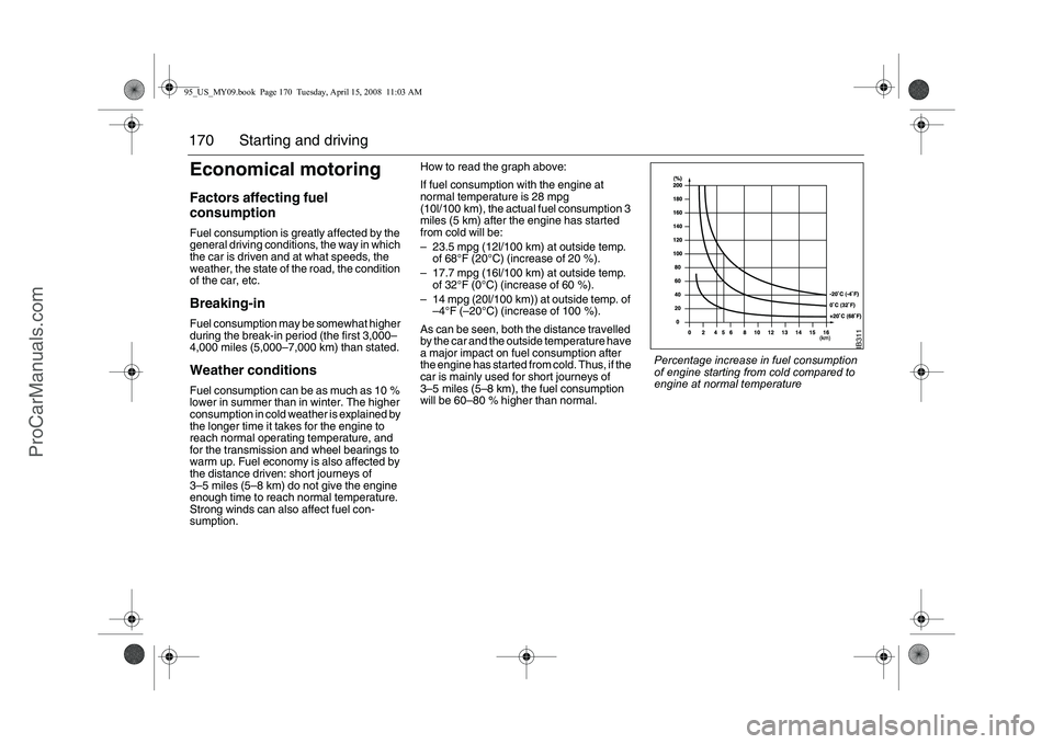 SAAB 9-5 2009 Owners Manual 170 Starting and drivingEconomical motoringFactors affecting fuel
consumptionFuel consumption is greatly affected by the
general driving conditions, the way in which
the car is driven and at what s SAAB 9-5 2009 Owners Manual 170 Starting and drivingEconomical motoringFactors affecting fuel
consumptionFuel consumption is greatly affected by the
general driving conditions, the way in which
the car is driven and at what s