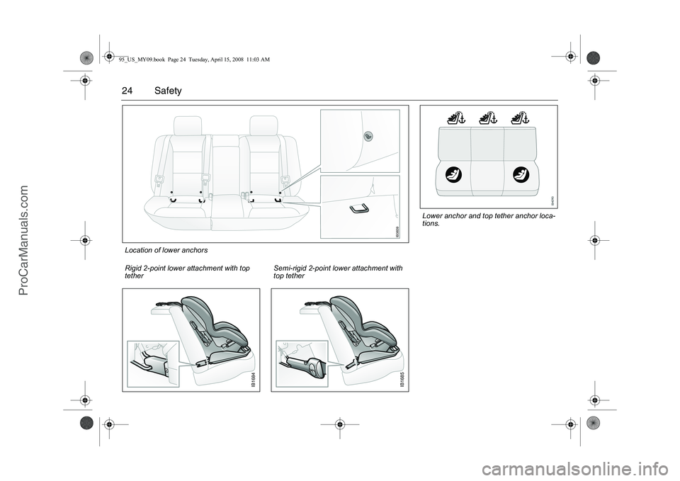 SAAB 9-5 2009 Owners Manual 24 Safety
IB1684
Rigid 2-point lower attachment with top
tether
IB1685
Semi-rigid 2-point lower attachment with
top tether
IB3839
Location of lower anchors
Lower anchor and top tether anchor loca-
t SAAB 9-5 2009 Owners Manual 24 Safety
IB1684
Rigid 2-point lower attachment with top
tether
IB1685
Semi-rigid 2-point lower attachment with
top tether
IB3839
Location of lower anchors
Lower anchor and top tether anchor loca-
t