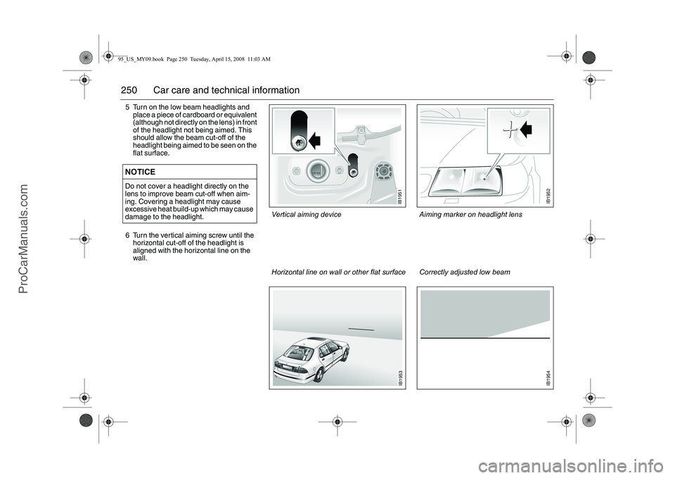 SAAB 9-5 2009 Owners Manual 250 Car care and technical information5 Turn on the low beam headlights and
place a piece of cardboard or equivalent
(although not directly on the lens) in front
of the headlight not being aimed. T SAAB 9-5 2009 Owners Manual 250 Car care and technical information5 Turn on the low beam headlights and
place a piece of cardboard or equivalent
(although not directly on the lens) in front
of the headlight not being aimed. T