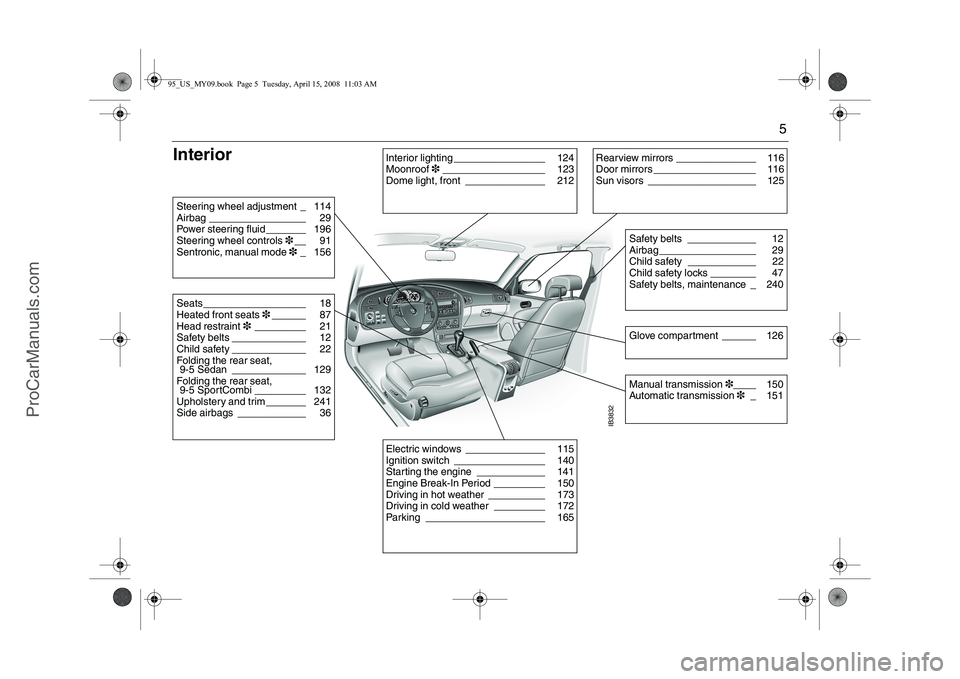 SAAB 9-5 2009 Owners Manual 5
Interior
IB3832
Rearview mirrors ______________ 116
Door mirrors __________________ 116
Sun visors ___________________ 125
Safety belts ____________ 12
Airbag _________________ 29
Child safety SAAB 9-5 2009 Owners Manual 5
Interior
IB3832
Rearview mirrors ______________ 116
Door mirrors __________________ 116
Sun visors ___________________ 125
Safety belts ____________ 12
Airbag _________________ 29
Child safety