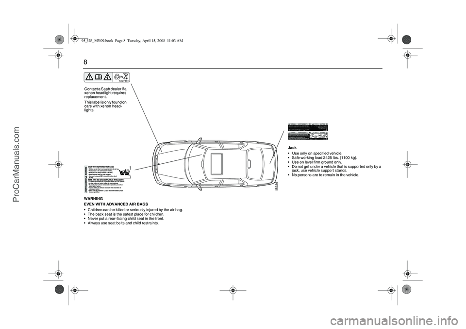 SAAB 9-5 2009  Owners Manual 8
IB336
WARNING
EVEN WITH ADVANCED AIR BAGS
 Children can be killed or seriously injured by the air bag.
 The back seat is the safest place for children.
 Never put a rear-facing child seat in the 