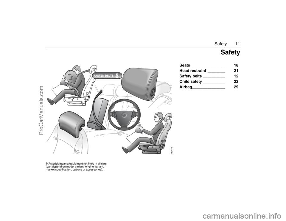 SAAB 9-5 2007 User Guide 11 Safety
Seats _______________ 18
Head restraint ________ 21
Safety belts __________ 12
Child safety __________ 22
Airbag_______________ 29
IB3835
Safety
3 Asterisk means: equipment SAAB 9-5 2007 User Guide 11 Safety
Seats _______________ 18
Head restraint ________ 21
Safety belts __________ 12
Child safety __________ 22
Airbag_______________ 29
IB3835
Safety
3 Asterisk means: equipment