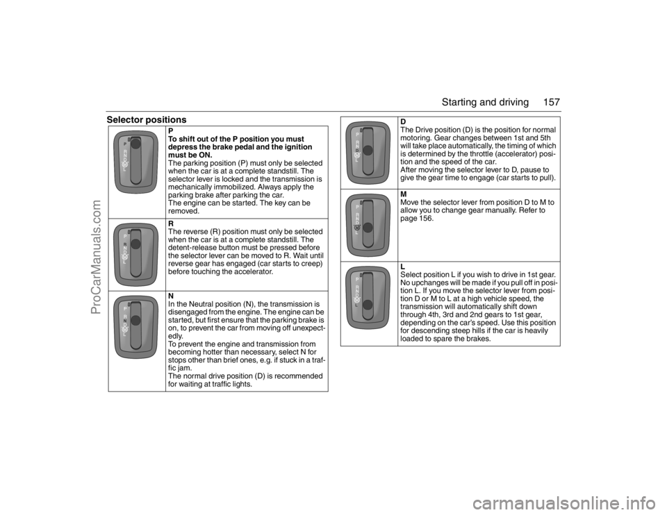 SAAB 9-5 2007 Owners Manual 157 Starting and driving
Selector positions
P
To shift out of the P position you must
depress the brake pedal and the ignition
must be ON.
The parking position (P) must only be selected
when the SAAB 9-5 2007 Owners Manual 157 Starting and driving
Selector positions
P
To shift out of the P position you must
depress the brake pedal and the ignition
must be ON.
The parking position (P) must only be selected
when the