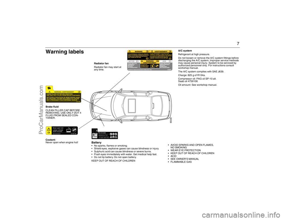 SAAB 9-5 2007  Owners Manual 7
Battery No sparks, flames or smoking.
 Shield eyes, explosive gases can cause blindness or injury.
 Sulphuric acid can cause blindness or severe burns.
 Flush eyes immediately with water. Get medica