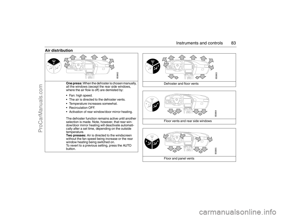 SAAB 9-5 2007  Owners Manual 83 Instruments and controls
Air distribution
One press: When the defroster is chosen manually, 
all the windows (except the rear side windows, 
where the air flow is off) are demisted by:
 Fan: high s