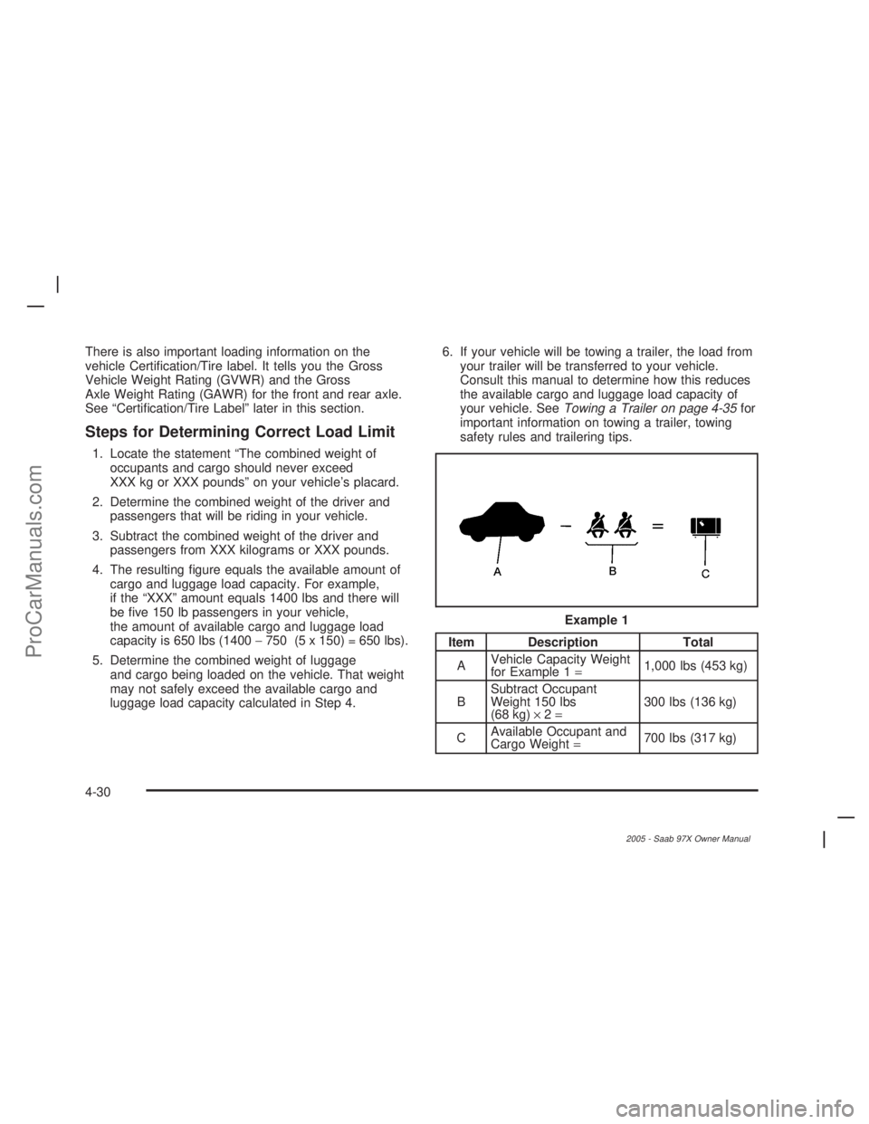 SAAB 9-7X 2005  Owners Manual There is also important loading information on the
vehicle Certi�cation/Tire label. It tells you the Gross
Vehicle Weight Rating (GVWR) and the Gross
Axle Weight Rating (GAWR) for the front and rear a