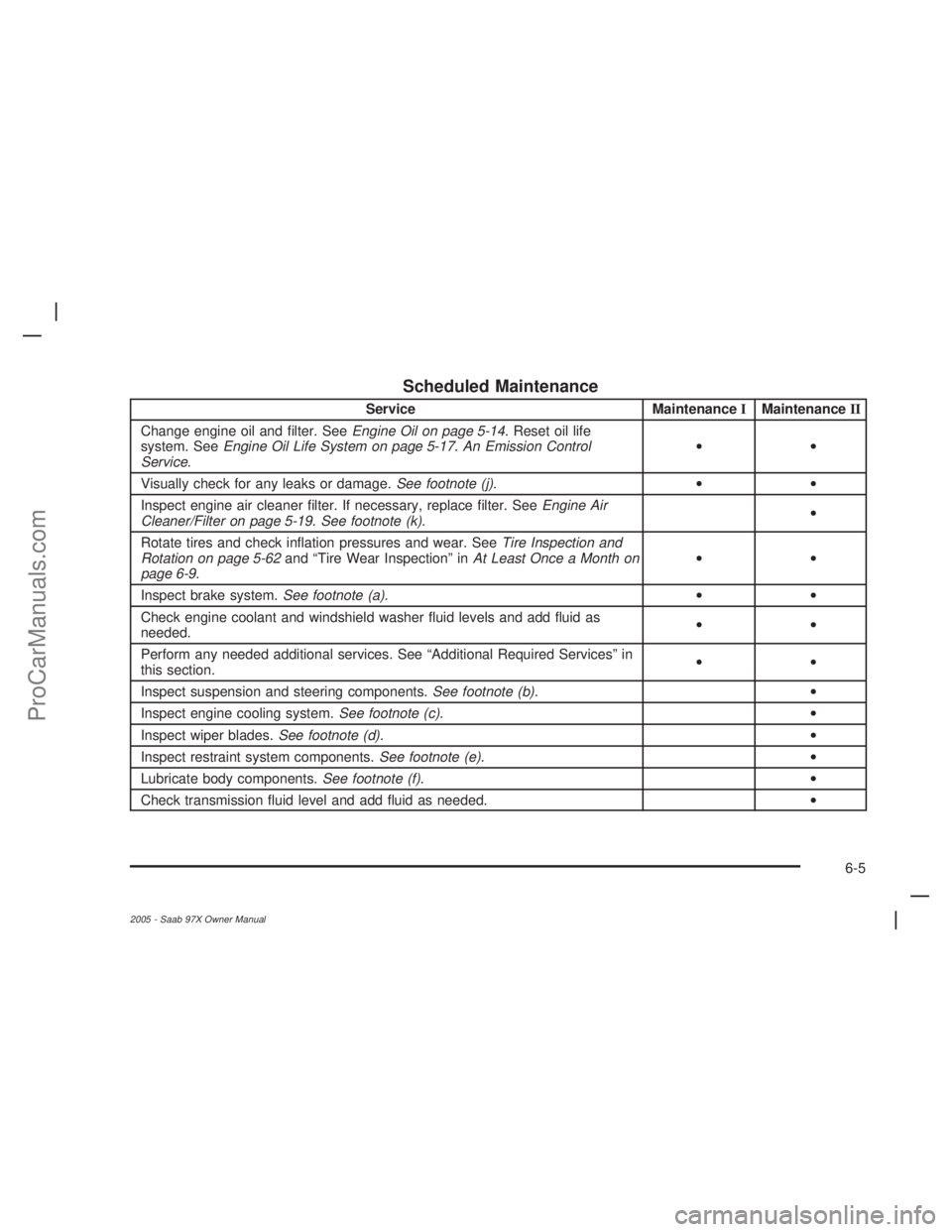 SAAB 9-7X 2005 Service Manual Scheduled Maintenance
Service MaintenanceIMaintenanceII
Change engine oil and �lter. SeeEngine Oil on page 5-14. Reset oil life
system. SeeEngine Oil Life System on page 5-17.An Emission Control
Servi
