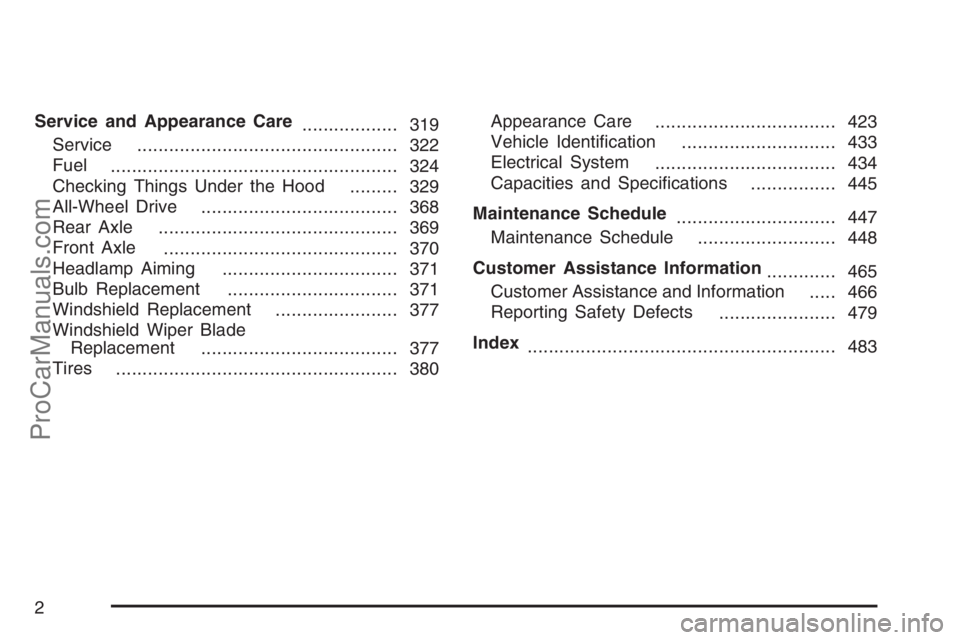 SAAB 9-7X 2007  Owners Manual Service and Appearance Care
.................. 319
Service
................................................. 322
Fuel
...................................................... 324
Checking Things Under t