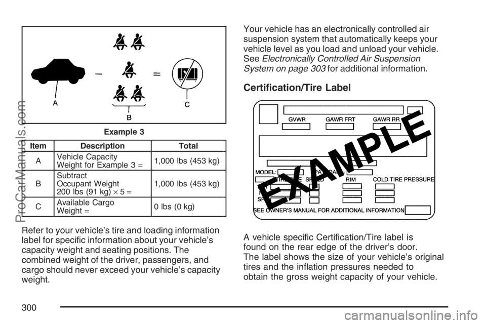 SAAB 9-7X 2007  Owners Manual Item Description Total
AVehicle Capacity
Weight for Example 3=1,000 lbs (453 kg)
BSubtract
Occupant Weight
200 lbs (91 kg)×5=1,000 lbs (453 kg)
CAvailable Cargo
Weight=0 lbs (0 kg)
Refer to your vehi