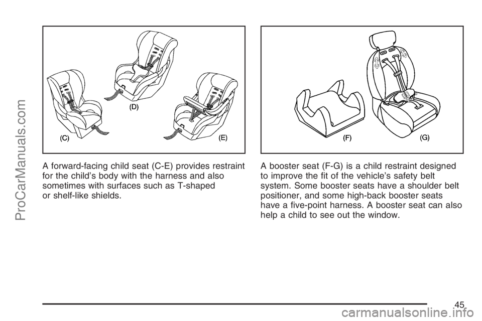 SAAB 9-7X 2007 Service Manual A forward-facing child seat (C-E) provides restraint
for the child’s body with the harness and also
sometimes with surfaces such as T-shaped
or shelf-like shields.A booster seat (F-G) is a child res
