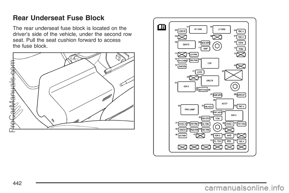 SAAB 9-7X 2007  Owners Manual Rear Underseat Fuse Block
The rear underseat fuse block is located on the
driver’s side of the vehicle, under the second row
seat. Pull the seat cushion forward to access
the fuse block.
442
ProCarM