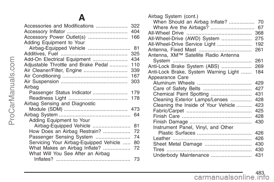 SAAB 9-7X 2007 User Guide A
Accessories and Modi�cations..................... 322
Accessory In�ator........................................ 404
Accessory Power Outlet(s).......................... 166
Adding Equipment to Your
A