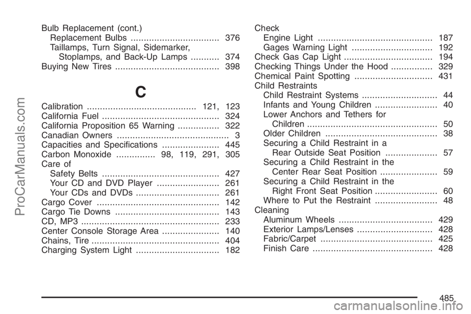 SAAB 9-7X 2007 User Guide Bulb Replacement (cont.)
Replacement Bulbs.................................. 376
Taillamps, Turn Signal, Sidemarker,
Stoplamps, and Back-Up Lamps........... 374
Buying New Tires.......................