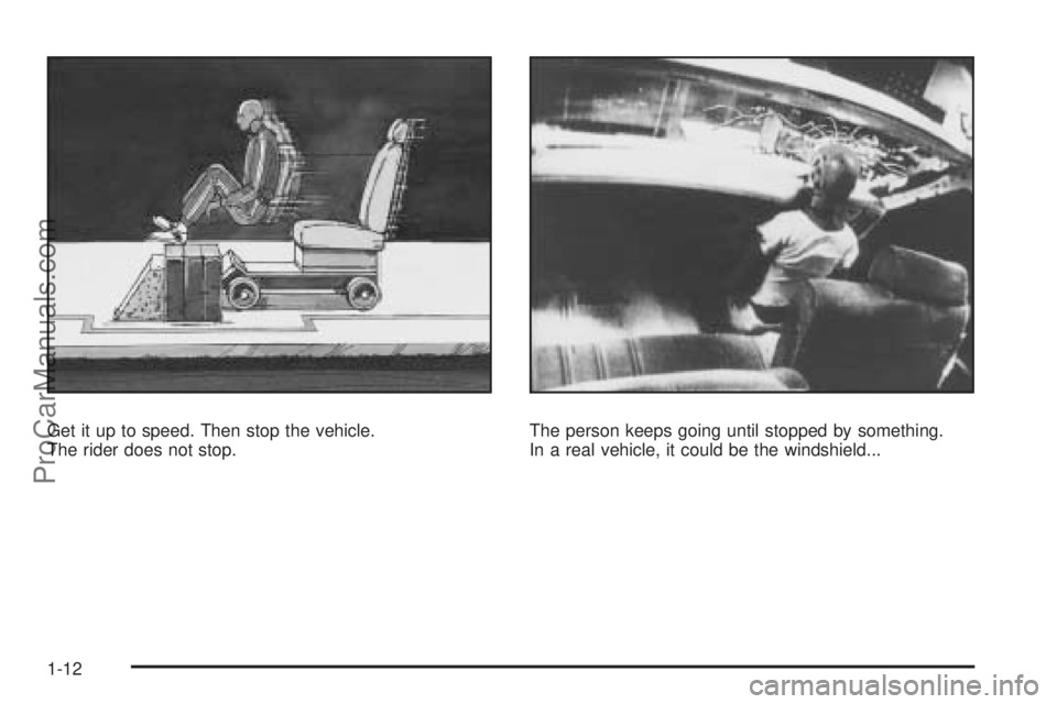 SAAB 9-7X 2008 User Guide Get it up to speed. Then stop the vehicle.
The rider does not stop.The person keeps going until stopped by something.
In a real vehicle, it could be the windshield...
1-12
ProCarManuals.com 