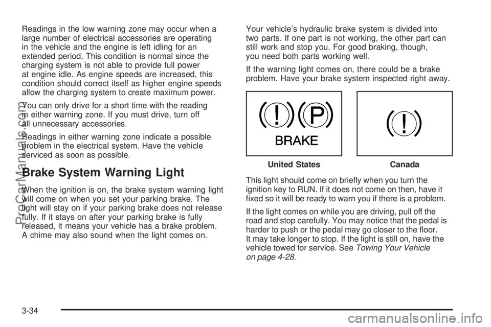 SAAB 9-7X 2008  Owners Manual Readings in the low warning zone may occur when a
large number of electrical accessories are operating
in the vehicle and the engine is left idling for an
extended period. This condition is normal sin