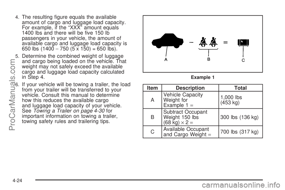 SAAB 9-7X 2008  Owners Manual 4.The resulting �gure equals the available
amount of cargo and luggage load capacity.
For example, if the “XXX” amount equals
1400 lbs and there will be �ve 150 lb
passengers in your vehicle, the 