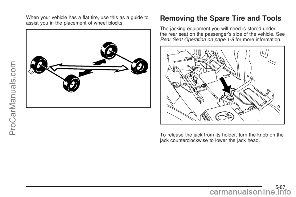 SAAB 9-7X 2008  Owners Manual When your vehicle has a �at tire, use this as a guide to
assist you in the placement of wheel blocks.Removing the Spare Tire and Tools
The jacking equipment you will need is stored under
the rear seat