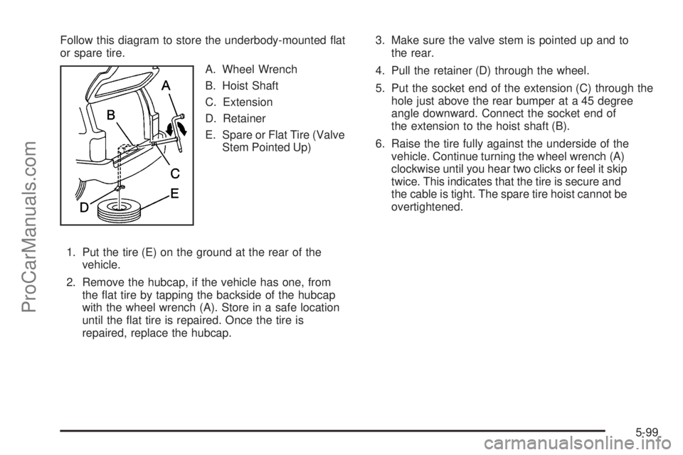 SAAB 9-7X 2008  Owners Manual Follow this diagram to store the underbody-mounted �at
or spare tire.
A. Wheel Wrench
B. Hoist Shaft
C. Extension
D. Retainer
E. Spare or Flat Tire (Valve
Stem Pointed Up)
1. Put the tire (E) on the g