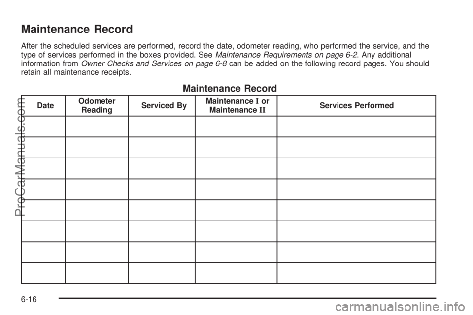 SAAB 9-7X 2008  Owners Manual Maintenance Record
After the scheduled services are performed, record the date, odometer reading, who performed the service, and the
type of services performed in the boxes provided. SeeMaintenance Re