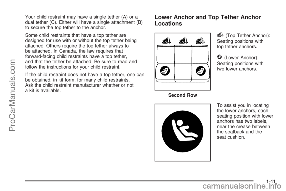 SAAB 9-7X 2008 Service Manual Your child restraint may have a single tether (A) or a
dual tether (C). Either will have a single attachment (B)
to secure the top tether to the anchor.
Some child restraints that have a top tether ar SAAB 9-7X 2008 Service Manual Your child restraint may have a single tether (A) or a
dual tether (C). Either will have a single attachment (B)
to secure the top tether to the anchor.
Some child restraints that have a top tether ar
