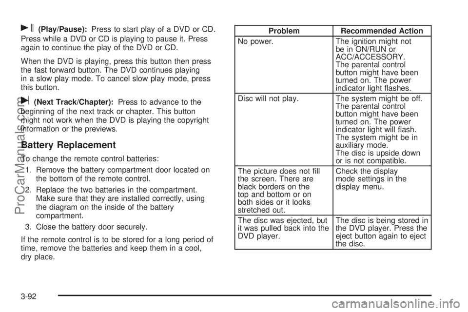 SAAB 9-7X 2009 Owners Manual s(Play/Pause):Press to start play of a DVD or CD.
Press while a DVD or CD is playing to pause it. Press
again to continue the play of the DVD or CD.
When the DVD is playing, press this button then pre SAAB 9-7X 2009 Owners Manual s(Play/Pause):Press to start play of a DVD or CD.
Press while a DVD or CD is playing to pause it. Press
again to continue the play of the DVD or CD.
When the DVD is playing, press this button then pre