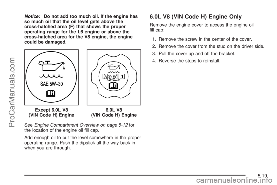 SAAB 9-7X 2009  Owners Manual Notice:Do not add too much oil. If the engine has
so much oil that the oil level gets above the
cross-hatched area (F) that shows the proper
operating range for the L6 engine or above the
cross-hatche