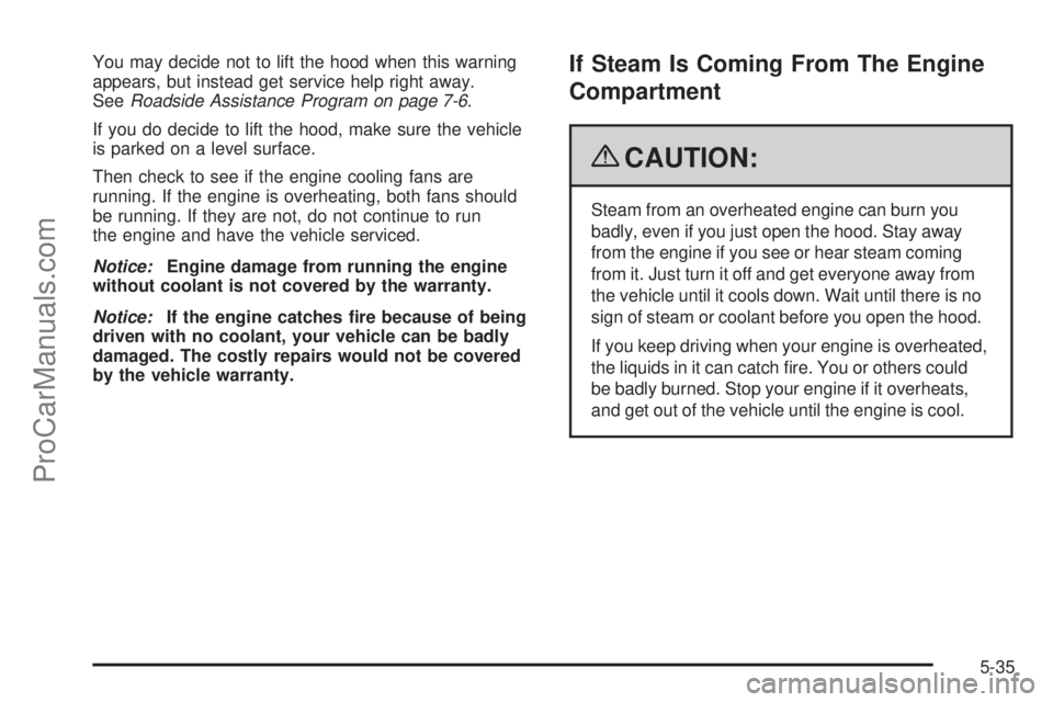 SAAB 9-7X 2009  Owners Manual You may decide not to lift the hood when this warning
appears, but instead get service help right away.
SeeRoadside Assistance Program on page 7-6.
If you do decide to lift the hood, make sure the veh
