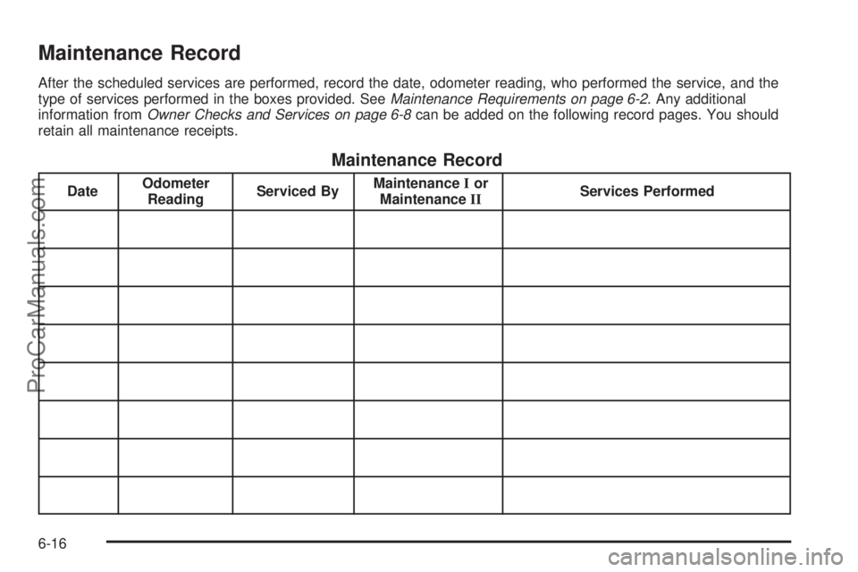SAAB 9-7X 2009  Owners Manual Maintenance Record
After the scheduled services are performed, record the date, odometer reading, who performed the service, and the
type of services performed in the boxes provided. SeeMaintenance Re