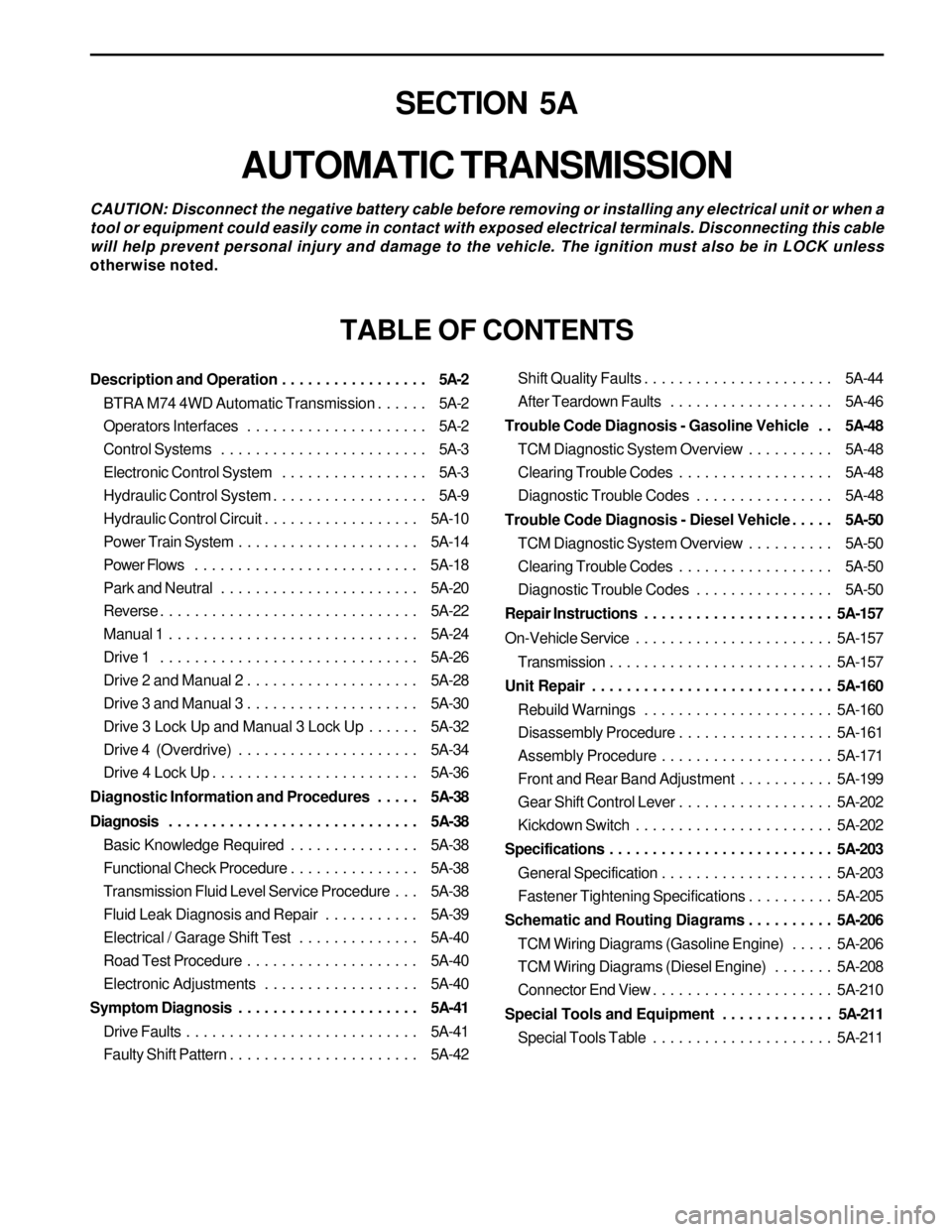 SSANGYONG KORANDO 1997 Service Owners Manual SECTION 5A
AUTOMATIC TRANSMISSION
CAUTION: Disconnect the negative battery cable before removing or installing any electrical unit or when a
tool or equipment could easily come in contact with exposed SSANGYONG KORANDO 1997 Service Owners Manual SECTION 5A
AUTOMATIC TRANSMISSION
CAUTION: Disconnect the negative battery cable before removing or installing any electrical unit or when a
tool or equipment could easily come in contact with exposed