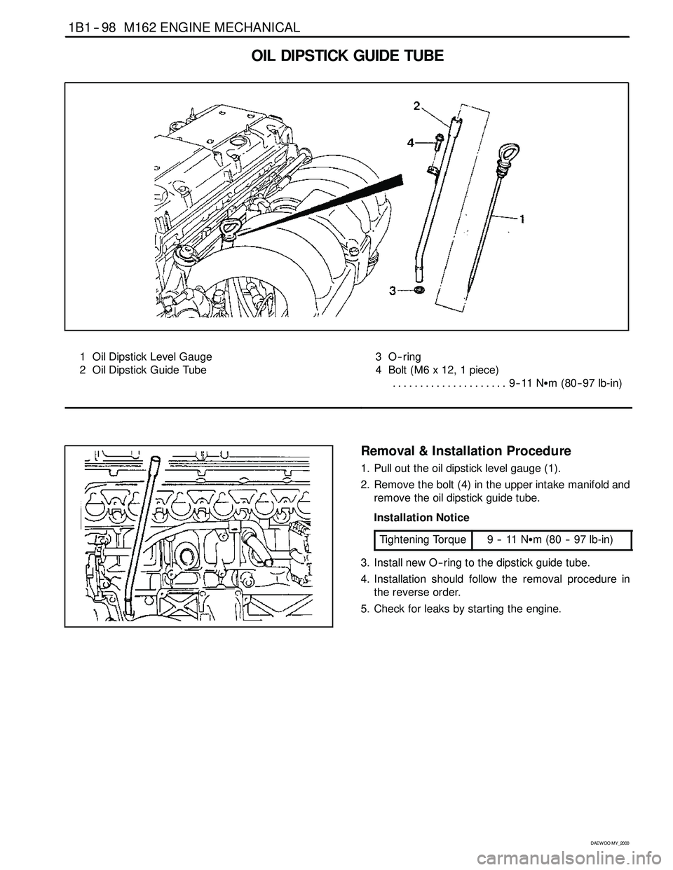 SSANGYONG KORANDO 1997  Service Repair Manual 1B1 -- 98 M162 ENGINE MECHANICAL
D AEW OO M Y_2000
OIL DIPSTICK GUIDE TUBE
1 Oil Dipstick Level Gauge
2 Oil Dipstick Guide Tube3O--ring
4 Bolt (M6 x 12, 1 piece)
9--11 NSm (80-- 97 lb-in) ............