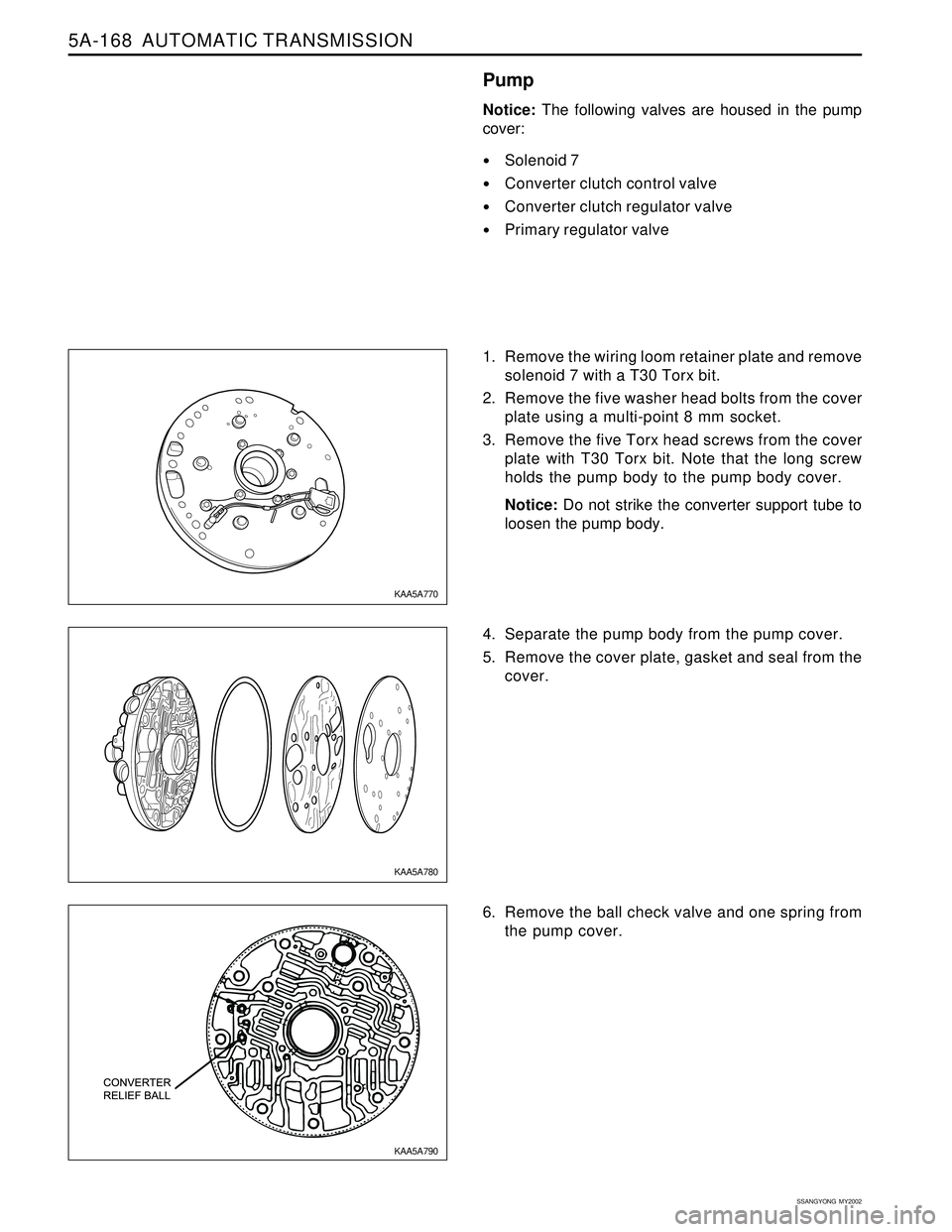 SSANGYONG KORANDO 1997  Service Repair Manual 5A-168  AUTOMATIC TRANSMISSION
SSANGYONG  MY2002
Pump
Notice: The following valves are housed in the pump
cover:
Solenoid 7
Converter clutch control valve
Converter clutch regulator valve
Primary 