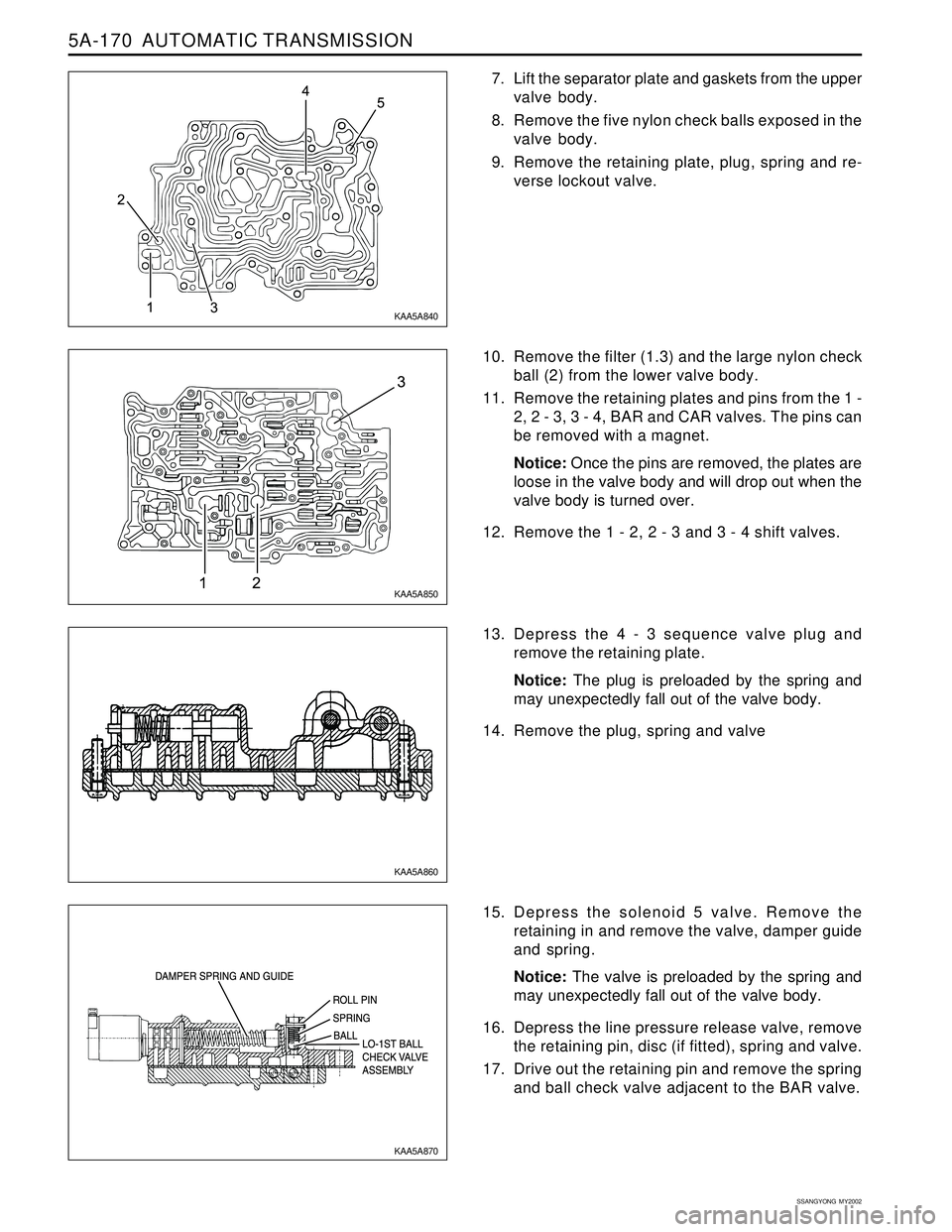 SSANGYONG KORANDO 1997  Service Repair Manual 5A-170  AUTOMATIC TRANSMISSION
SSANGYONG  MY2002
7. Lift the separator plate and gaskets from the upper
valve body.
8. Remove the five nylon check balls exposed in the
valve body.
9. Remove the retain