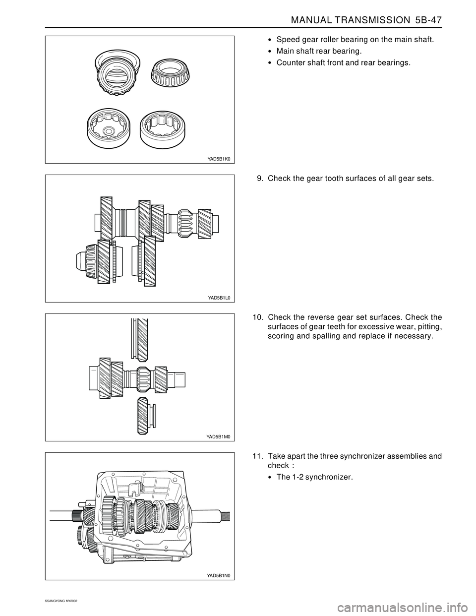 SSANGYONG KORANDO 1997  Service Repair Manual MANUAL TRANSMISSION  5B-47
SSANGYONG  MY2002
YAD5B1K0
YAD5B1M0
Speed gear roller bearing on the main shaft.
Main shaft rear bearing.
Counter shaft front and rear bearings.
YAD5B1L0
9. Check the gea