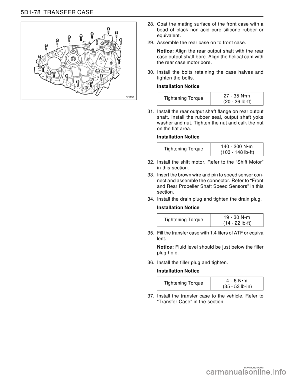 SSANGYONG KORANDO 1997 Service Repair Manual SSANGYONG MY2002
5D1-78 TRANSFER CASE
31. Install the rear output shaft flange on rear output
shaft. Install the rubber seal, output shaft yoke
washer and nut. Tighten the nut and calk the nut
on the SSANGYONG KORANDO 1997 Service Repair Manual SSANGYONG MY2002
5D1-78 TRANSFER CASE
31. Install the rear output shaft flange on rear output
shaft. Install the rubber seal, output shaft yoke
washer and nut. Tighten the nut and calk the nut
on the