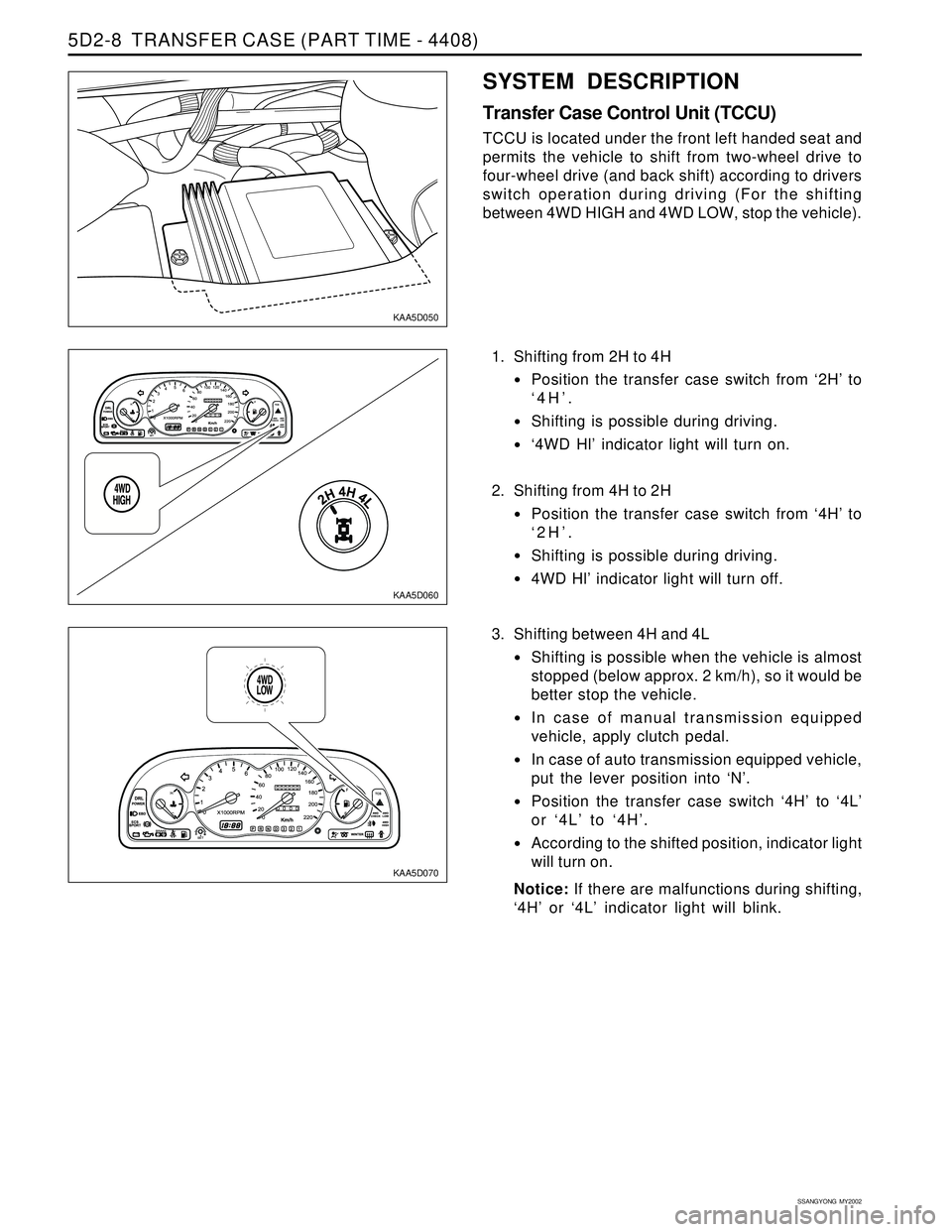 SSANGYONG KORANDO 1997  Service Repair Manual SSANGYONG  MY2002
5D2-8  TRANSFER CASE (PART TIME - 4408)
KAA5D050
KAA5D060
KAA5D070
1. Shifting from 2H to 4H
Position the transfer case switch from ‘2H’ to
‘4H’.
Shifting is possible durin