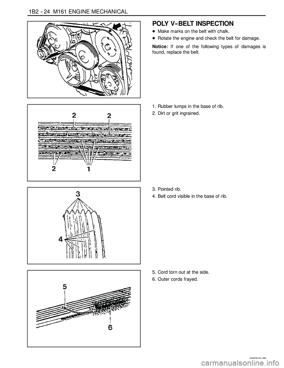 SSANGYONG KORANDO 1997 Service Manual PDF 1B2 -- 24 M161 ENGINE MECHANICAL
D AEW OO M Y_2000
POLY V-- BELT INSPECTION
DMake marks on the belt with chalk.
DRotate the engine and check the belt for damage.
Notice:If one of the following types o SSANGYONG KORANDO 1997 Service Manual PDF 1B2 -- 24 M161 ENGINE MECHANICAL
D AEW OO M Y_2000
POLY V-- BELT INSPECTION
DMake marks on the belt with chalk.
DRotate the engine and check the belt for damage.
Notice:If one of the following types o