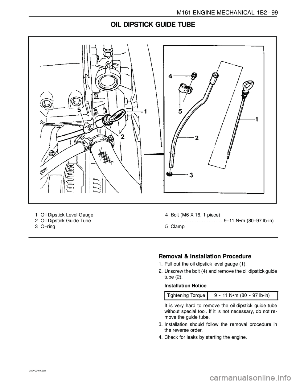 SSANGYONG KORANDO 1997  Service Repair Manual M161 ENGINE MECHANICAL 1B2 -- 99
D AEW OO M Y_2000
OIL DIPSTICK GUIDE TUBE
1 Oil Dipstick Level Gauge
2 Oil Dipstick Guide Tube
3O--ring4 Bolt (M6 X 16, 1 piece)
9--11 NSm (80-- 97 lb-in) ............