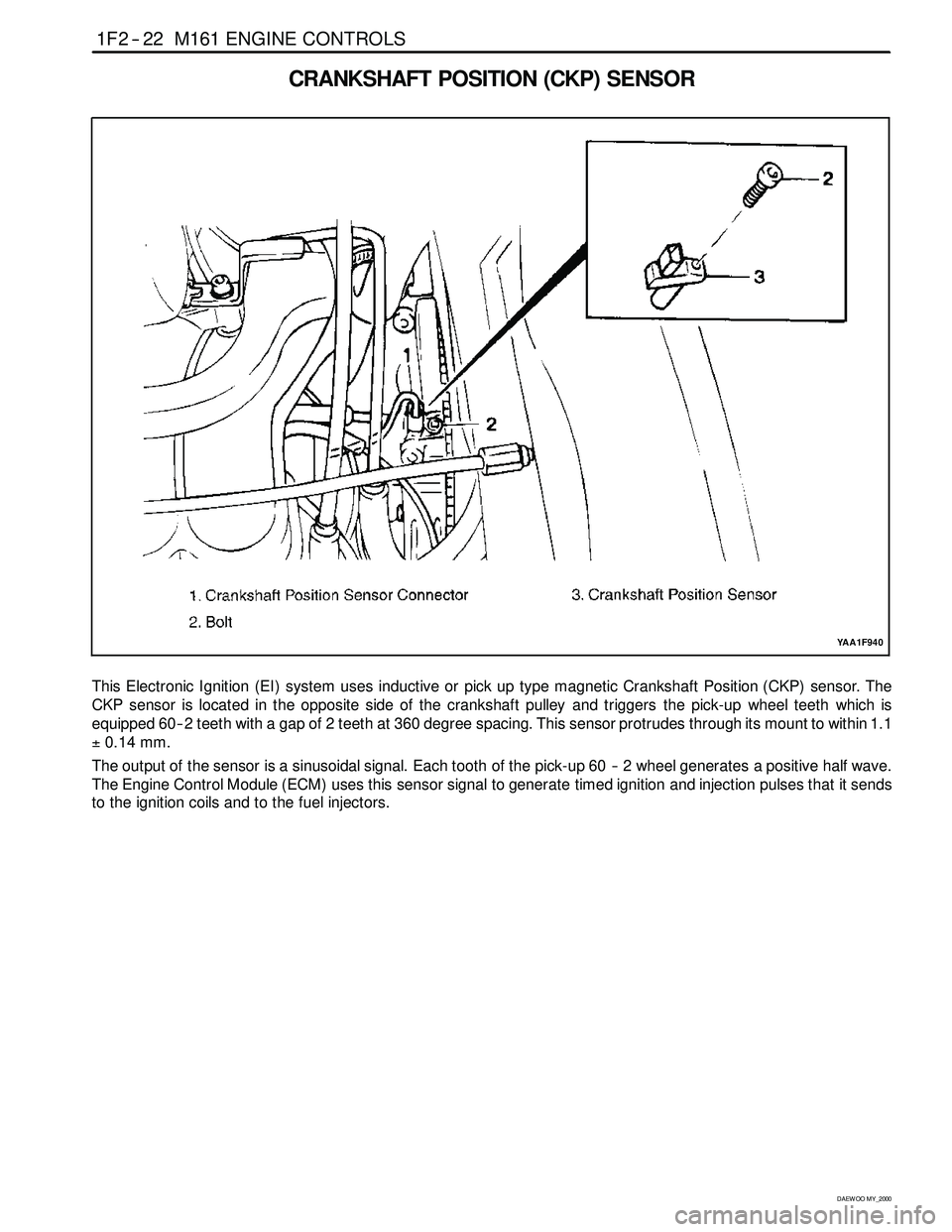 SSANGYONG KORANDO 1997 Service Manual PDF 1F2 -- 22 M161 ENGINE CONTROLS
D AEW OO M Y_2000
CRANKSHAFT POSITION (CKP) SENSOR
YAA1F940
This Electronic Ignition (EI) system uses inductive or pickup type magnetic Crankshaft Position (CKP) sensor. SSANGYONG KORANDO 1997 Service Manual PDF 1F2 -- 22 M161 ENGINE CONTROLS
D AEW OO M Y_2000
CRANKSHAFT POSITION (CKP) SENSOR
YAA1F940
This Electronic Ignition (EI) system uses inductive or pickup type magnetic Crankshaft Position (CKP) sensor.