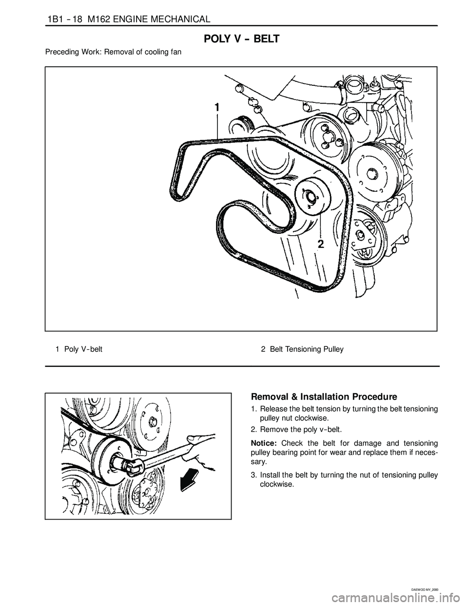 SSANGYONG KORANDO 1997  Service Repair Manual 1B1 -- 18 M162 ENGINE MECHANICAL
D AEW OO M Y_2000
POLY V -- BELT
Preceding Work: Removal of cooling fan
1 Poly V-- belt2 Belt Tensioning Pulley
Removal & Installation Procedure
1. Release the belt te