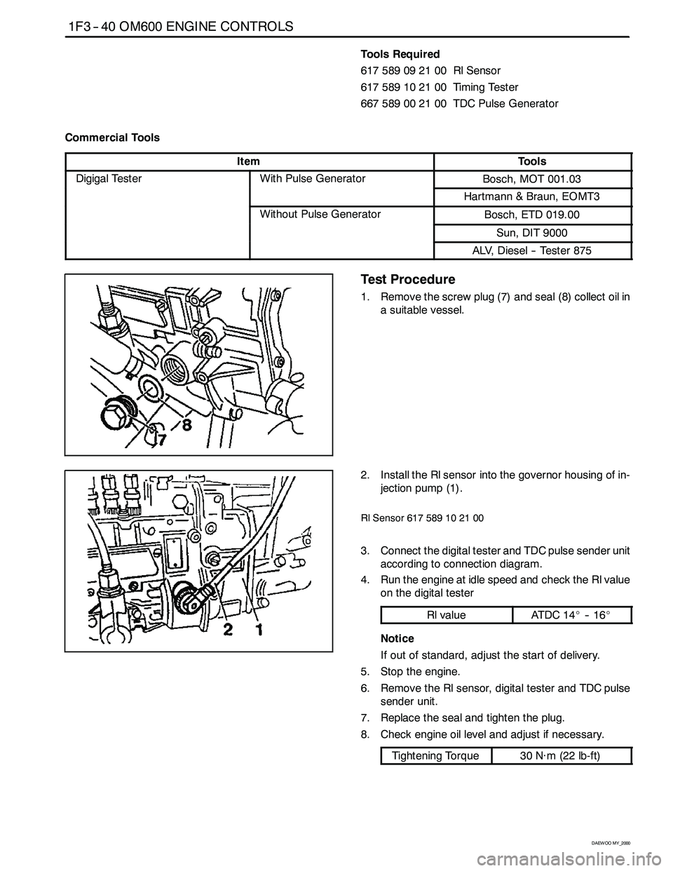 SSANGYONG KORANDO 1997 Service Repair Manual 1F3 -- 40 OM600 ENGINE CONTROLS
D AEW OO M Y_2000
Tools Required
617 589 09 21 00 Rl Sensor
617589102100 TimingTester
667589002100 TDCPulseGenerator
Commercial Tools
ItemTools
Digigal TesterWith Pulse SSANGYONG KORANDO 1997 Service Repair Manual 1F3 -- 40 OM600 ENGINE CONTROLS
D AEW OO M Y_2000
Tools Required
617 589 09 21 00 Rl Sensor
617589102100 TimingTester
667589002100 TDCPulseGenerator
Commercial Tools
ItemTools
Digigal TesterWith Pulse