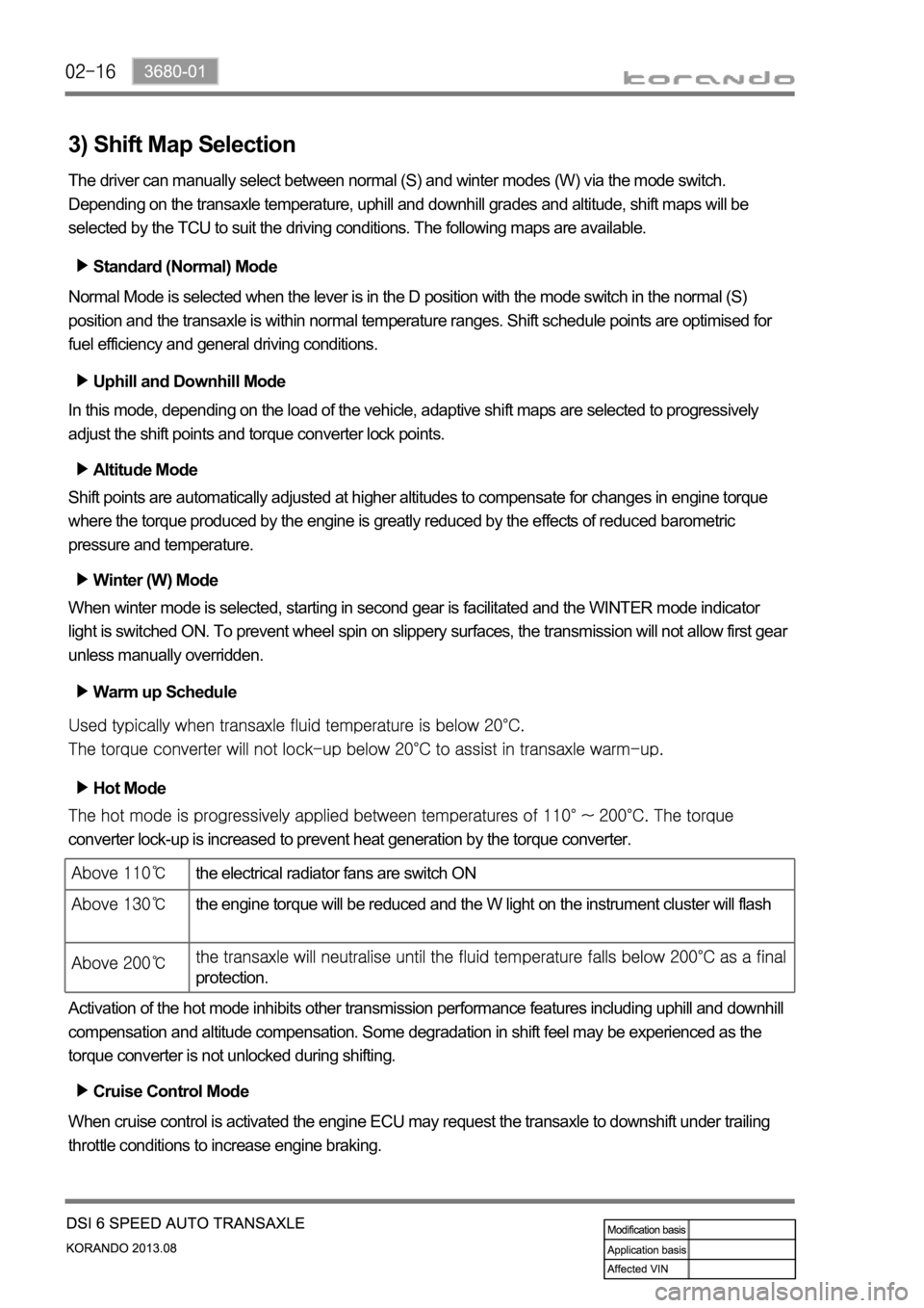 SSANGYONG KORANDO 2013  Service Manual 3) Shift Map Selection
The driver can manually select between normal (S) and winter modes (W) via the mode switch. 
Depending on the transaxle temperature, uphill and downhill grades and altitude, shi