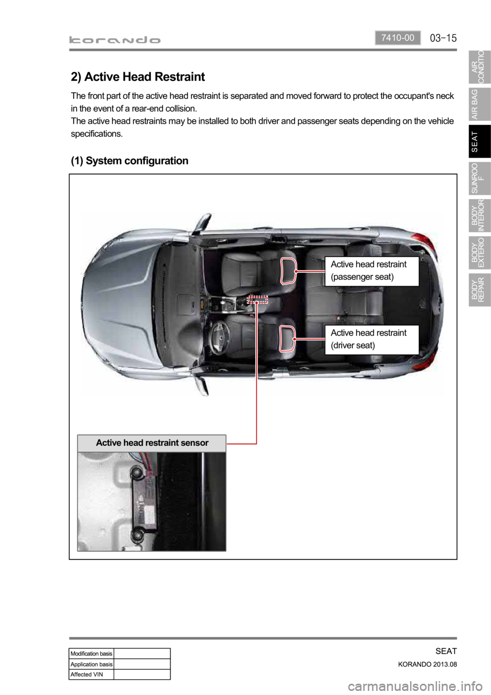 SSANGYONG KORANDO 2013 User Guide 7410-00
The front part of the active head restraint is separated and moved forward to protect the occupant's neck 
in the event of a rear-end collision.
The active head restraints may be installed