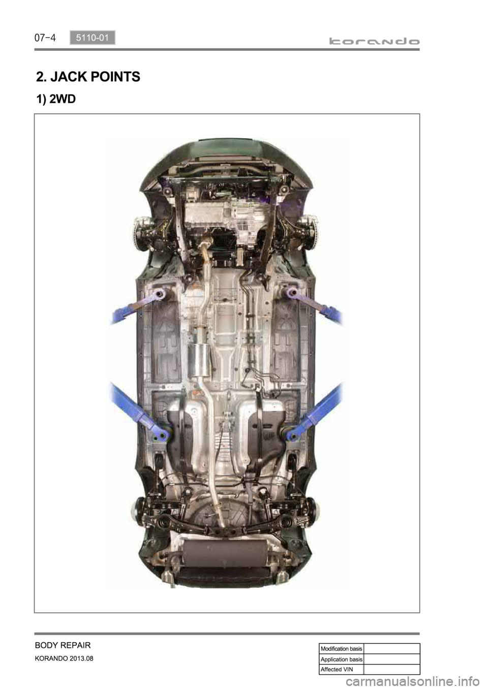 SSANGYONG KORANDO 2013 Service Manual 2. JACK POINTS
1) 2WD SSANGYONG KORANDO 2013 Service Manual 2. JACK POINTS
1) 2WD