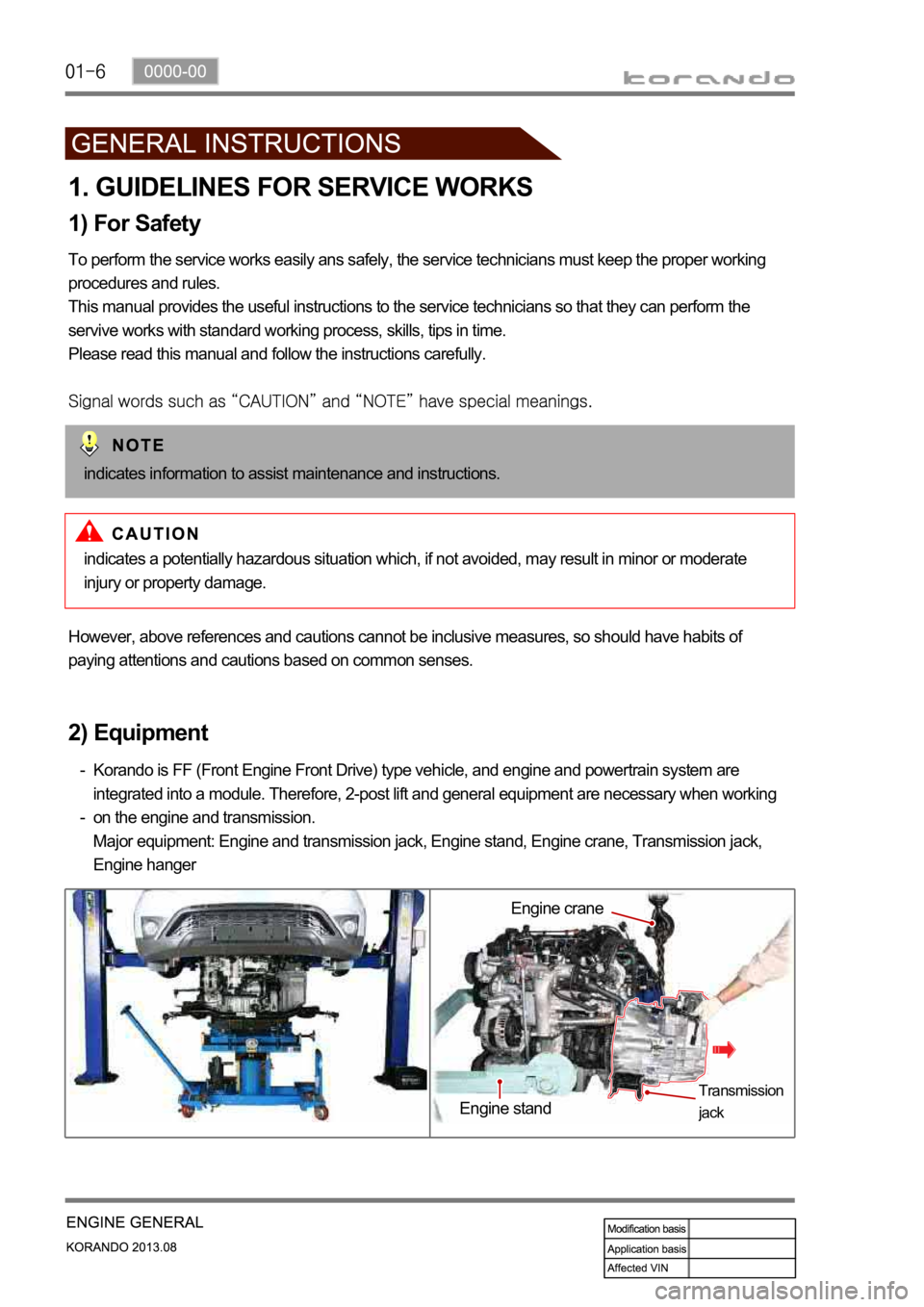 SSANGYONG KORANDO 2013  Service Manual 1. GUIDELINES FOR SERVICE WORKS
1) For Safety
To perform the service works easily ans safely, the service technicians must keep the proper working 
procedures and rules.
This manual provides the usefu