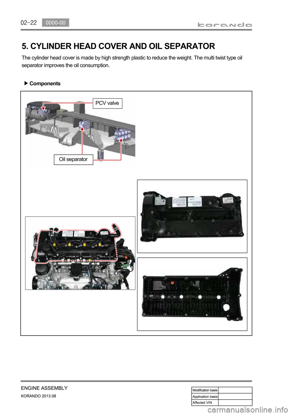 SSANGYONG KORANDO 2013  Service Manual 5. CYLINDER HEAD COVER AND OIL SEPARATOR
The cylinder head cover is made by high strength plastic to reduce the weight. The multi twist type oil 
separator improves the oil consumption.
Components
Oil