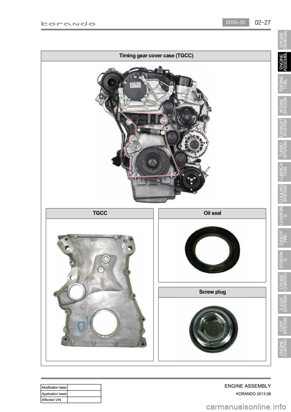 SSANGYONG KORANDO 2013 User Guide 0000-00
Timing gear cover case (TGCC)
TGCCOil seal
Screw plug SSANGYONG KORANDO 2013 User Guide 0000-00
Timing gear cover case (TGCC)
TGCCOil seal
Screw plug