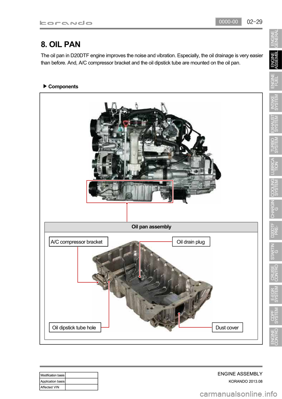 SSANGYONG KORANDO 2013  Service Manual 0000-00
Oil pan assembly
8. OIL PAN
The oil pan in D20DTF engine improves the noise and vibration. Especially, the oil drainage is very easier 
than before. And, A/C compressor bracket and the oil dip