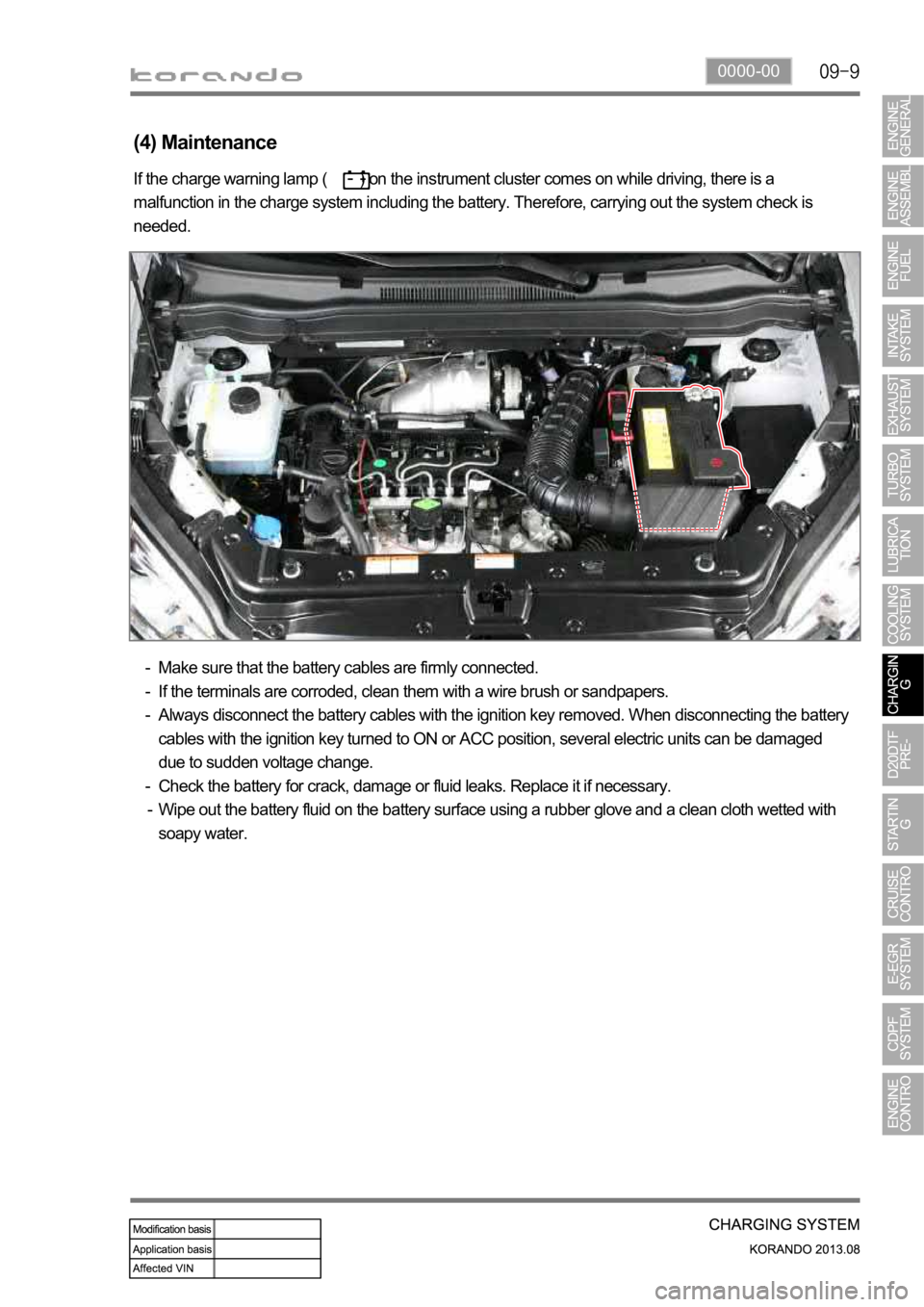 SSANGYONG KORANDO 2013  Service Manual 0000-00
(4) Maintenance
Make sure that the battery cables are firmly connected.
If the terminals are corroded, clean them with a wire brush or sandpapers.
Always disconnect the battery cables with the