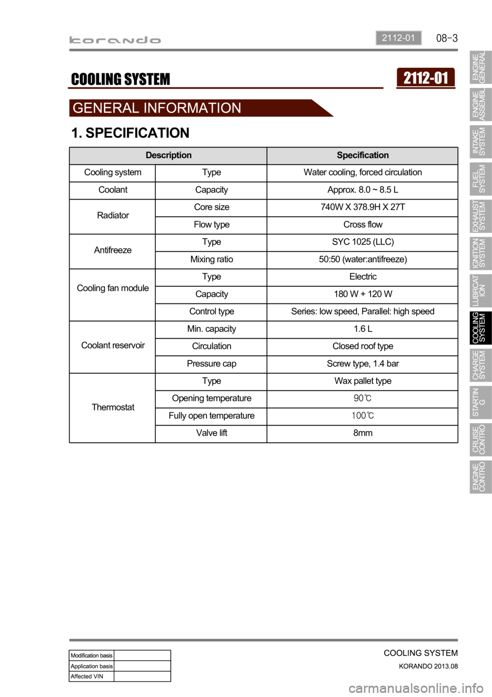 SSANGYONG KORANDO 2013 Service Manual 2112-01
1. SPECIFICATION
Description Specification
Cooling system Type Water cooling, forced circulation
Coolant Capacity Approx. 8.0 ~ 8.5 L
RadiatorCore size 740W X 378.9H X 27T
Flow type Cross flow SSANGYONG KORANDO 2013 Service Manual 2112-01
1. SPECIFICATION
Description Specification
Cooling system Type Water cooling, forced circulation
Coolant Capacity Approx. 8.0 ~ 8.5 L
RadiatorCore size 740W X 378.9H X 27T
Flow type Cross flow