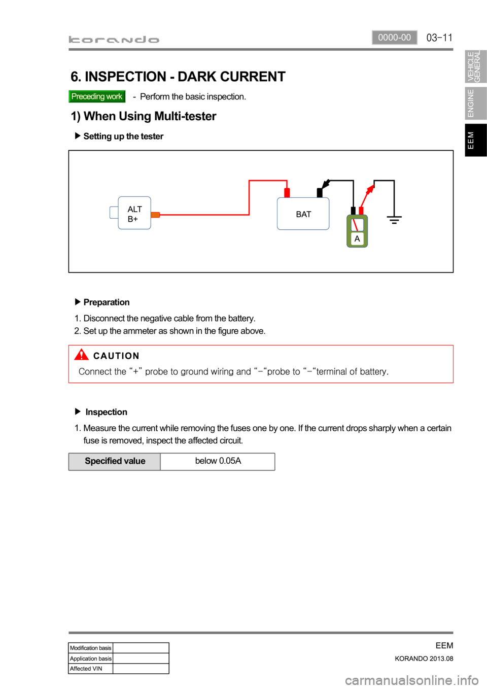SSANGYONG KORANDO 2013 Service Manual 0000-00
Inspection
Measure the current while removing the fuses one by one. If the current drops sharply when a certain
fuse is removed, inspect the affected circuit. 1.
Specified valuebelow 0.05A
6 SSANGYONG KORANDO 2013 Service Manual 0000-00
Inspection
Measure the current while removing the fuses one by one. If the current drops sharply when a certain
fuse is removed, inspect the affected circuit. 1.
Specified valuebelow 0.05A
6